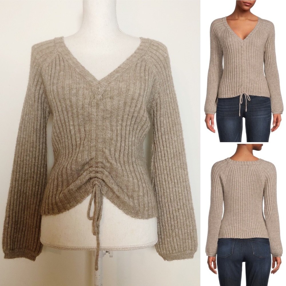 Anthropologie LEA & VIOLA Ribbed V Neck Long Sleeve Brown Sweater Size Medium